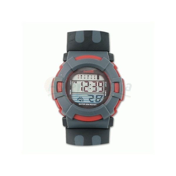 Reloj digital en color rojo-gris con calendario y alarma