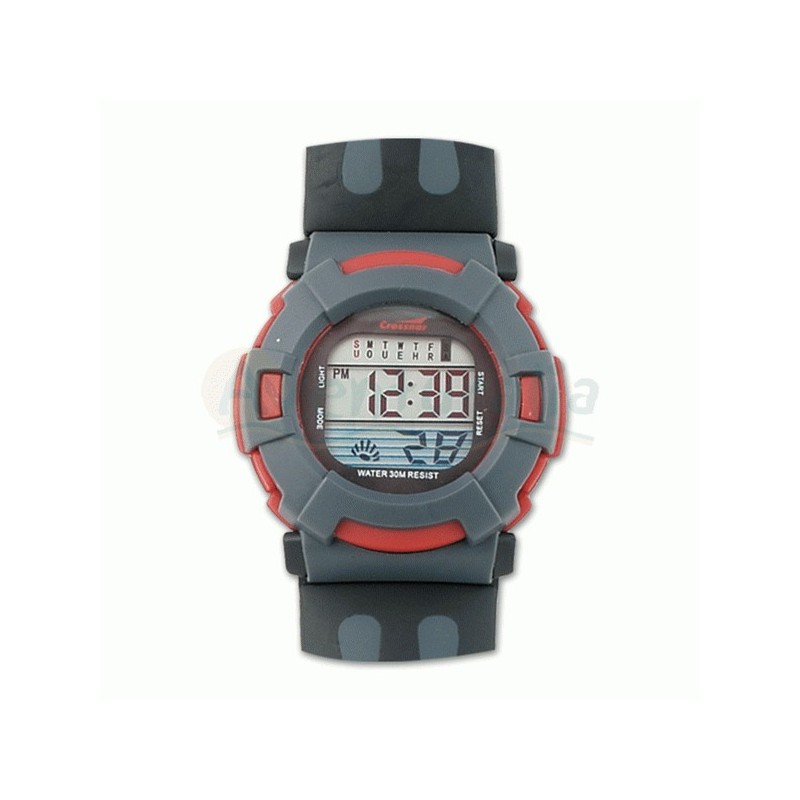 Reloj digital en color rojo-gris con calendario y alarma