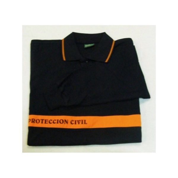 Polo azul marino con franja naranja manga larga de Protección Civil