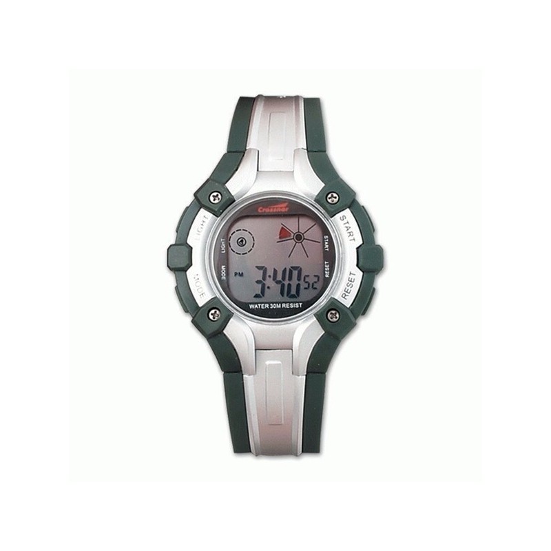 Reloj digital en color verde-plata con calendario y alarma.