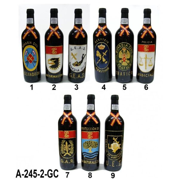 Botella vino plomo decorado a mano emblemas especialidades G.C.