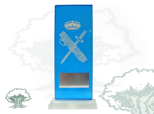 Placa azul cristal Guardia Civil con emblema plateado, grabación no incluida