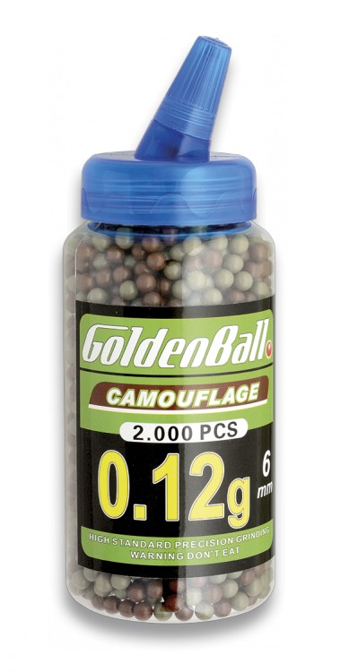 Bolitas de PVC color camuflaje para armas airsoft Golden Ball 6 mm 0.12 gr bote de plastico de 2000 bolas