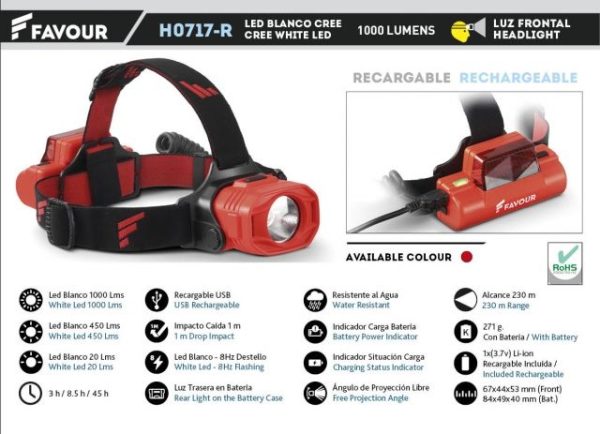 FRONTAL RECARGABLE 1000LM. Roja.