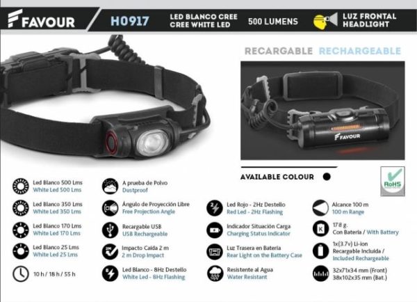 Linterna alum. RECARG. 500lm. Negra